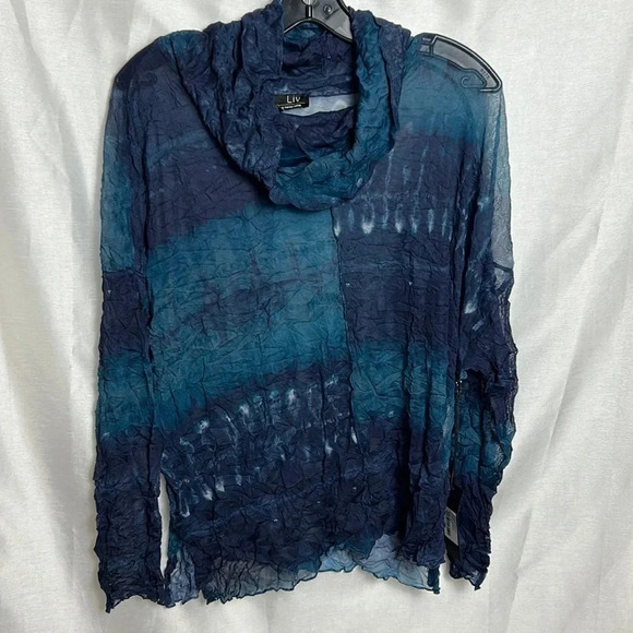 HABITAT  LIV blouse,women NEW! XS Blue,gauzy,crinkle,sheer,mesh,cowl - Picture 4 of 15